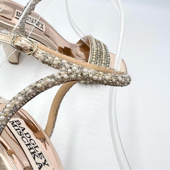 Badgley Mischka Size 5 Kari Soft Nude‎ Satin Jeweled Block Open Toe Heels Shoes - Picture 7 of 13
